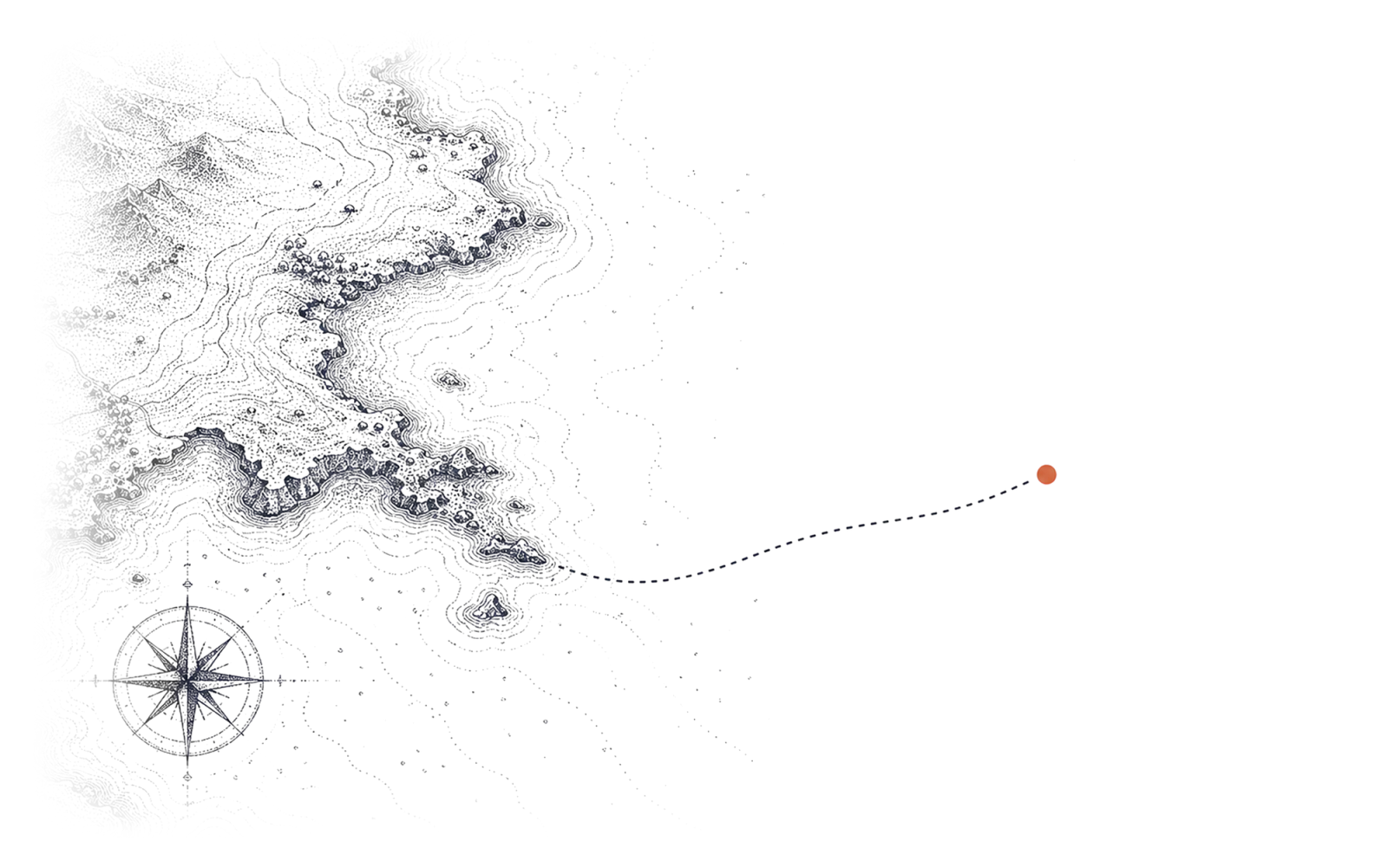 An old charted coastline with a compass rose and a plotted route