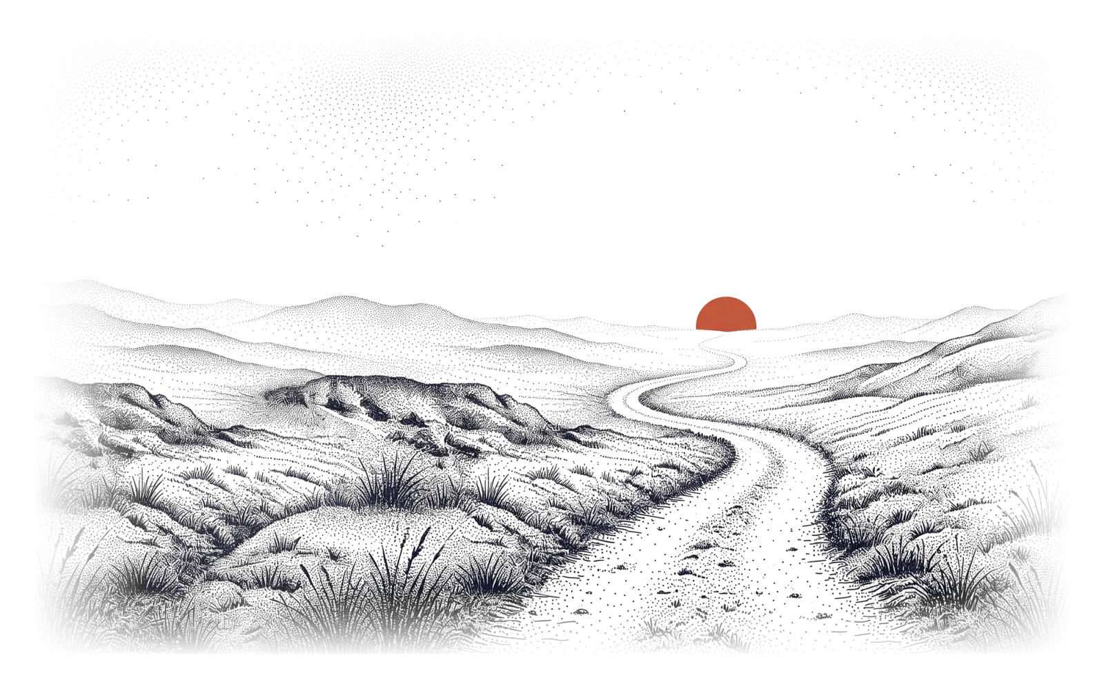 A drawn path winding toward a bright horizon